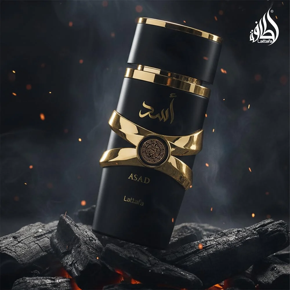 Perfume Lattafa Asad com fundo escuro